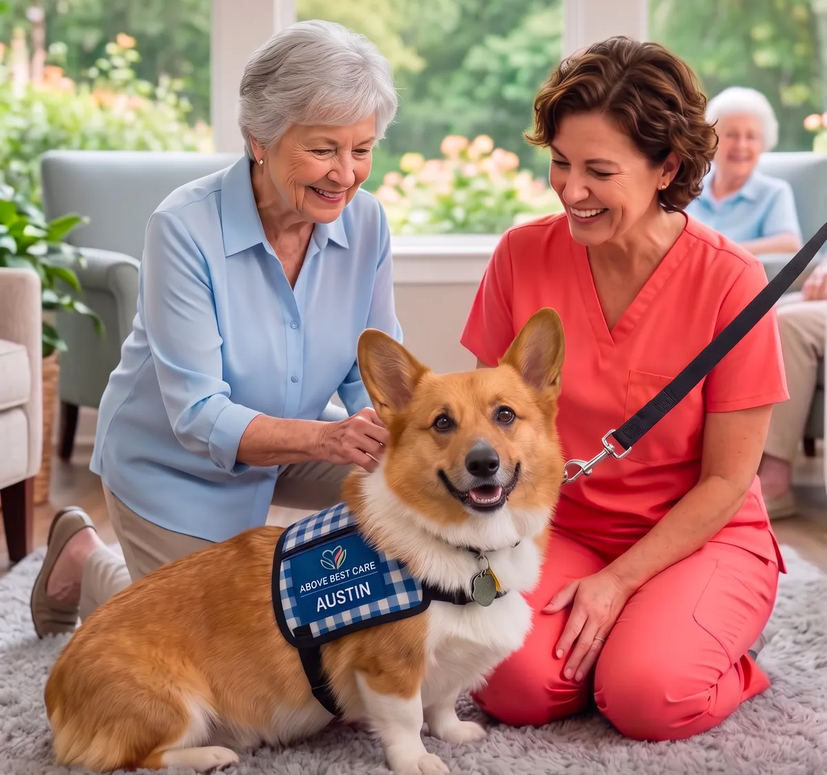 Austin, the Above Best Care therapy corgi, with a caregiver and a senior client